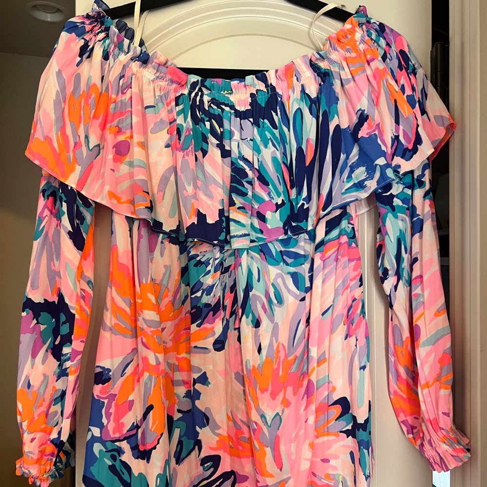 Off-the-Shoulder Floral Ruffle Tunic - Pink Multi